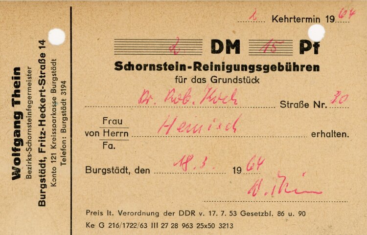 Wolfgang Thein Bezirks-Schornsteinfegemeister  - Rechnung - 18.03.1964