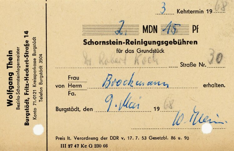 Wolfgang Thein Bezirks-Schornsteinfegemeister - Rechnung - 09.05.1968