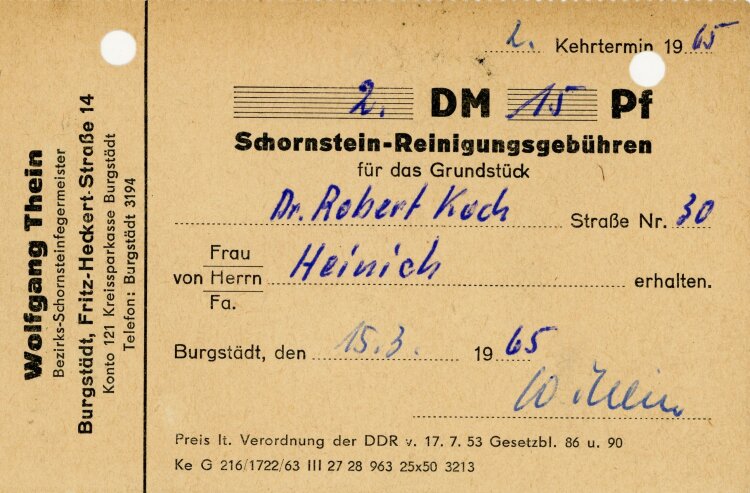 Wolfgang Thein Bezirks-Schornsteinfegemeister   - Rechnung - 15.03.1965