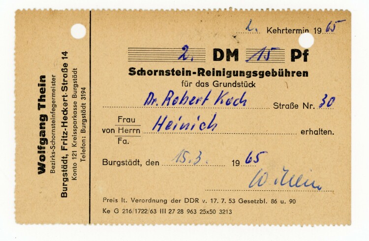 Wolfgang Thein Bezirks-Schornsteinfegemeister   - Rechnung - 15.03.1965