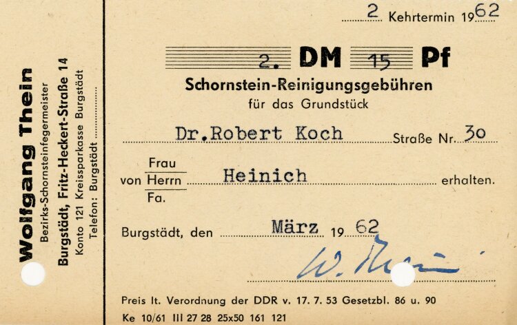 Wolfgang Thein Bezirks-Schornsteinfegemeister  - Rechnung - März 1962