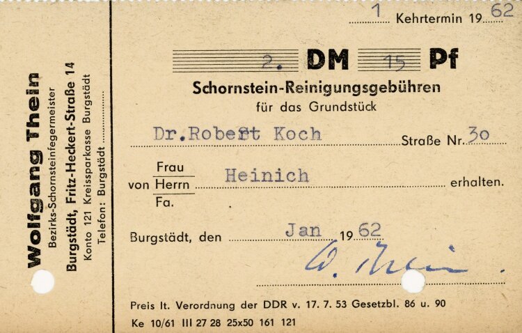 Wolfgang Thein Bezirks-Schornsteinfegemeister  - Rechnung - Januar 1962