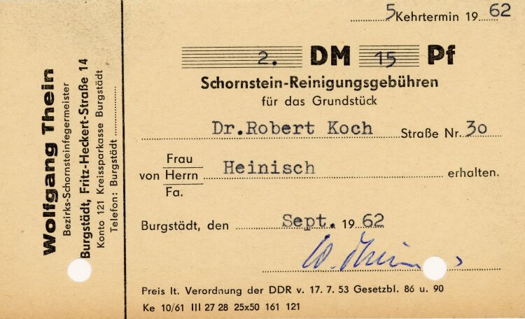 Wolfgang Thein Bezirks-Schornsteinfegemeister   - Rechnung - September 1962