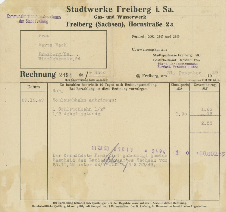 Stadtwerke Freiberg - Rechnung - 31.12.1949
