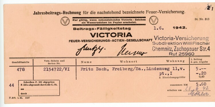 Victoria Feuer-Versicherungs-Actien-Gesellschaft Subdirektion Willi Fischer - Rechnung - 01.06.1942