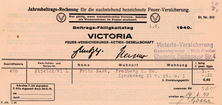 Victoria Feuer-Versicherungs-Actien-Gesellschaft Subdirektion Willi Fischer  - Rechnung - 01.06.1940