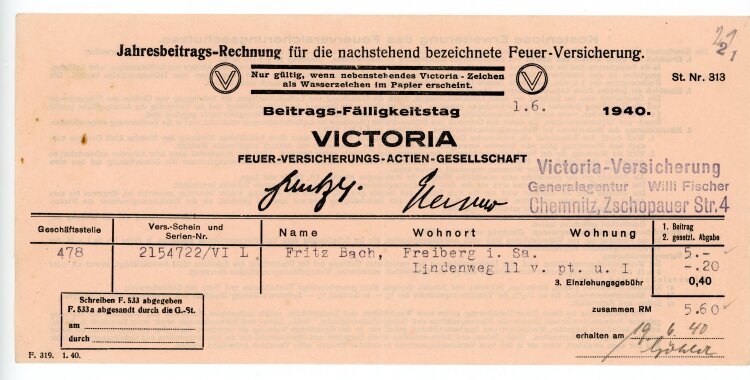 Victoria Feuer-Versicherungs-Actien-Gesellschaft Subdirektion Willi Fischer  - Rechnung - 01.06.1940