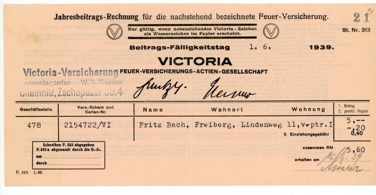 Victoria Feuer-Versicherungs-Actien-Gesellschaft Subdirektion Willi Fischer  - Rechnung - 01.06.1939