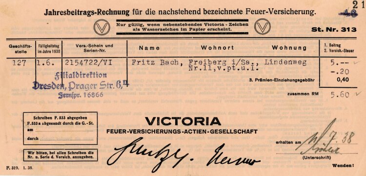 Victoria Feuer-Versicherungs-Actien-Gesellschaft Filialdirektion Dresden - Rechnung - 01.06.1938