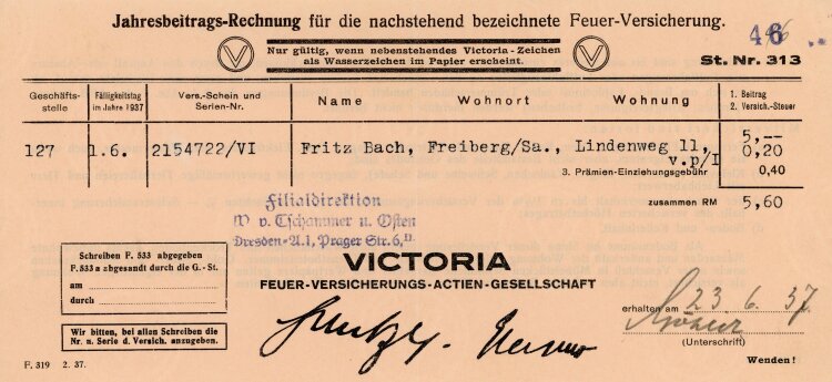 Victoria Feuer-Versicherungs-Actien-Gesellschaft Filialdirektion Dresden - Rechnung - 01.06.1937