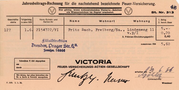 Victoria Feuer-Versicherungs-Actien-Gesellschaft Filialdirektion Dresden - Rechnung - 01.06.1936