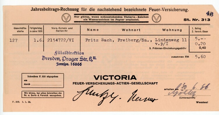 Victoria Feuer-Versicherungs-Actien-Gesellschaft Filialdirektion Dresden - Rechnung - 01.06.1936