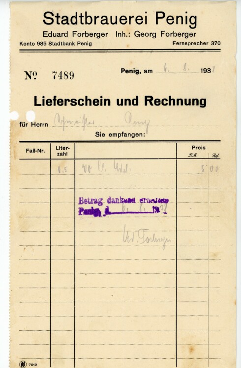 Stadtbrauerei Penig Eduard Forberger Inhaber Georg Forberger  - Rechnung - 06.08.1938