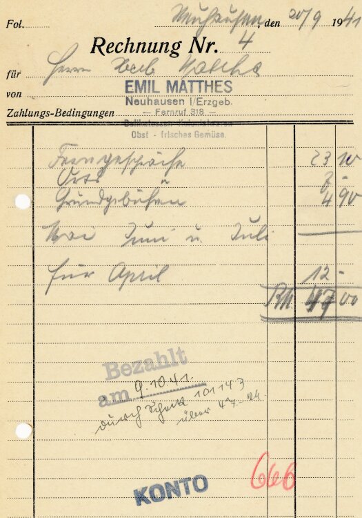 Emil Matthes Delikatessen Kolonialwaren Obst frisches Gemüse - Rechnung - 20.09.1941