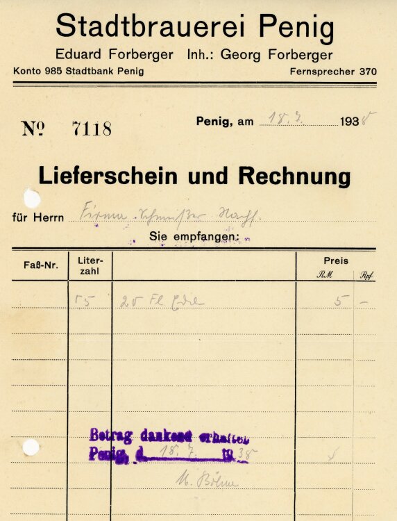 Stadtbrauerei Penig Eduard Forberger Inhaber Georg Forberger  - Rechnung - 18.07.1938