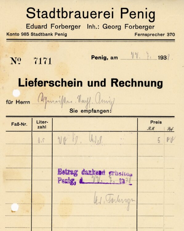 Stadtbrauerei Penig Eduard Forberger Inhaber Georg Forberger  - Rechnung - 14.07.1938