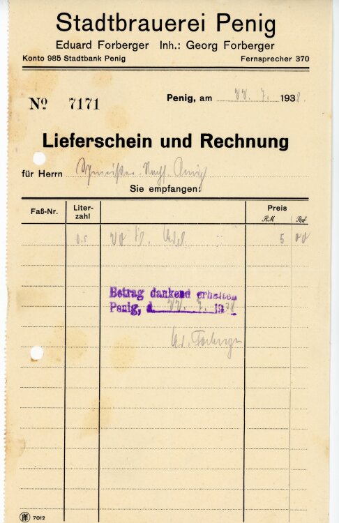 Stadtbrauerei Penig Eduard Forberger Inhaber Georg Forberger  - Rechnung - 14.07.1938