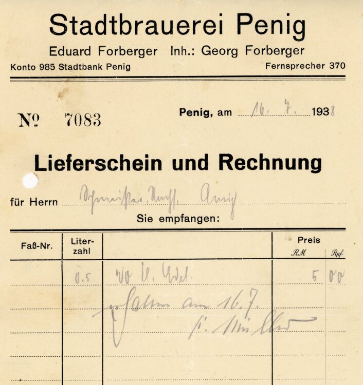 Stadtbrauerei Penig Eduard Forberger Inhaber Georg Forberger  - Rechnung - 16.07.1938