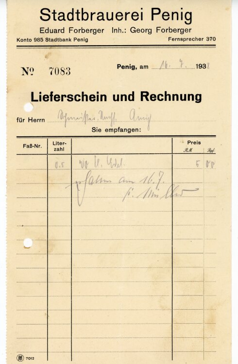 Stadtbrauerei Penig Eduard Forberger Inhaber Georg Forberger  - Rechnung - 16.07.1938