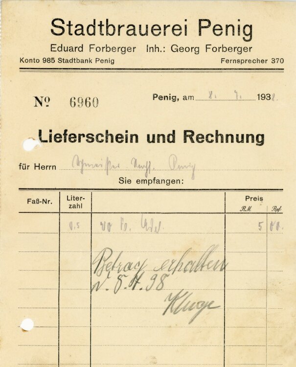 Stadtbrauerei Penig Eduard Forberger Inhaber Georg Forberger  - Rechnung - 08.07.1938