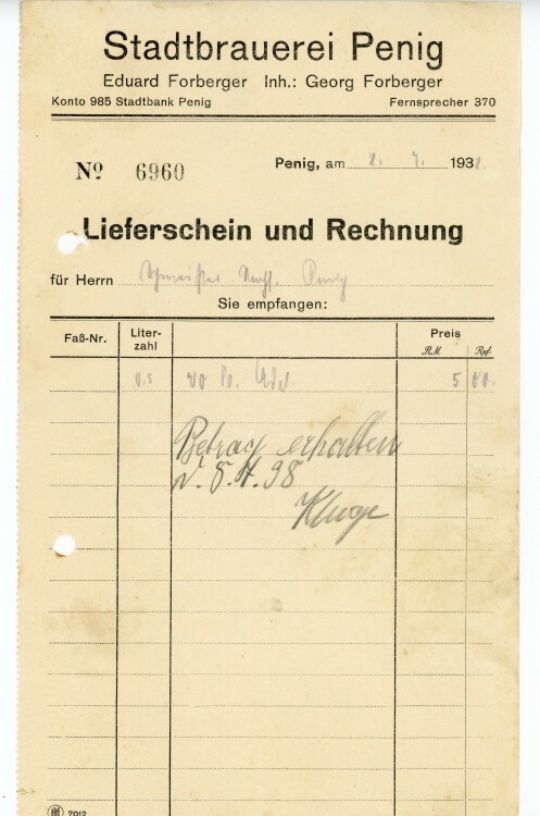 Stadtbrauerei Penig Eduard Forberger Inhaber Georg Forberger  - Rechnung - 08.07.1938