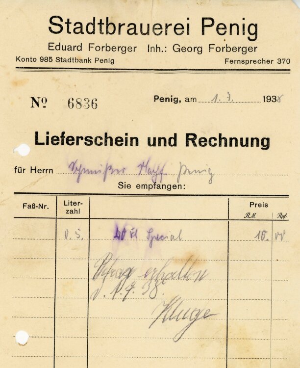 Stadtbrauerei Penig Eduard Forberger Inhaber Georg Forberger  - Rechnung - 01.07.1938