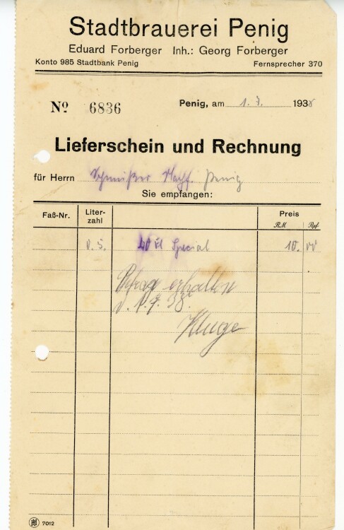 Stadtbrauerei Penig Eduard Forberger Inhaber Georg Forberger  - Rechnung - 01.07.1938