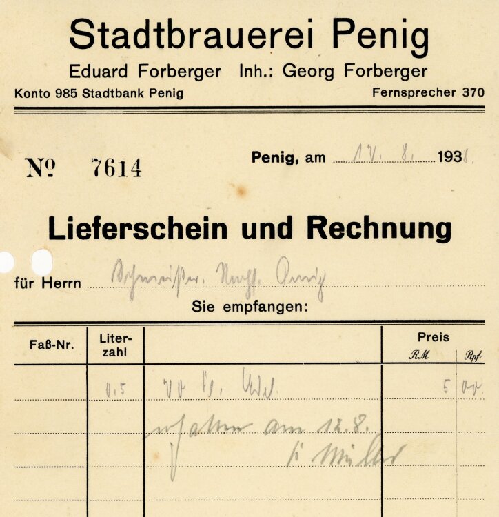 Stadtbrauerei Penig Eduard Forberger Inhaber Georg Forberger  - Rechnung - 12.08.1938