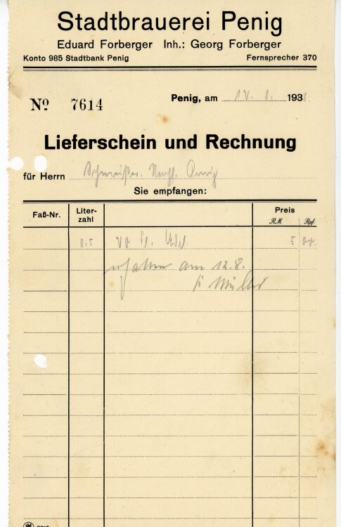 Stadtbrauerei Penig Eduard Forberger Inhaber Georg Forberger  - Rechnung - 12.08.1938