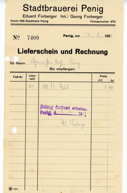 Stadtbrauerei Penig Eduard Forberger Inhaber Georg Forberger  - Rechnung
 - 03.08.1938