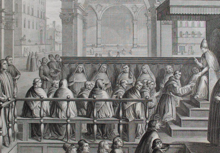 Carlo Lasinio - Der heilige Franziskus von Assisi predigt vor Papst Honorius III - 1790-1838 - Kupferstich