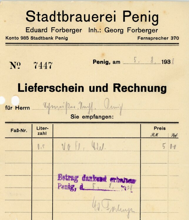 EK - Rechnung  - 05.08.1938