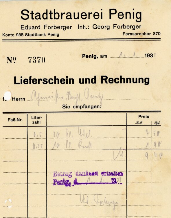 Stadtbrauerei Penig Eduard Forberger Inhaber Georg Forberger  - Rechnung  - 01.08.1938