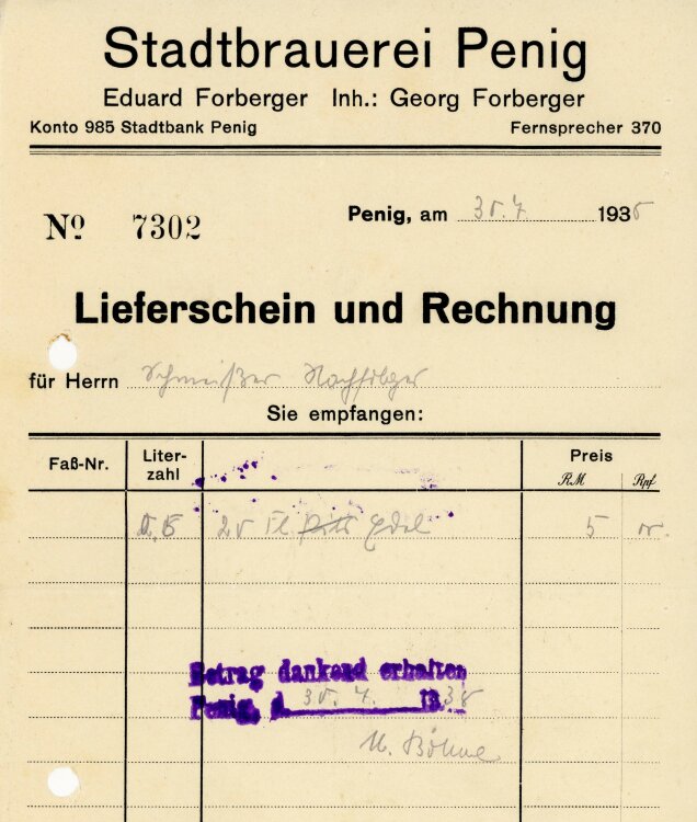 Stadtbrauerei Penig Eduard Forberger Inhaber Georg Forberger  - Rechnung  - 30.08.1938