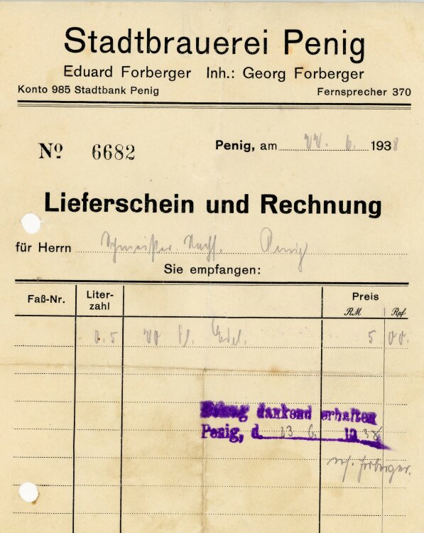 Stadtbrauerei Penig Eduard Forberger Inhaber Georg Forberger  - Rechnung  - 22.06.1938