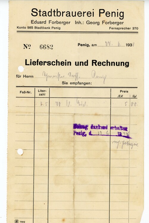 Stadtbrauerei Penig Eduard Forberger Inhaber Georg Forberger  - Rechnung  - 22.06.1938