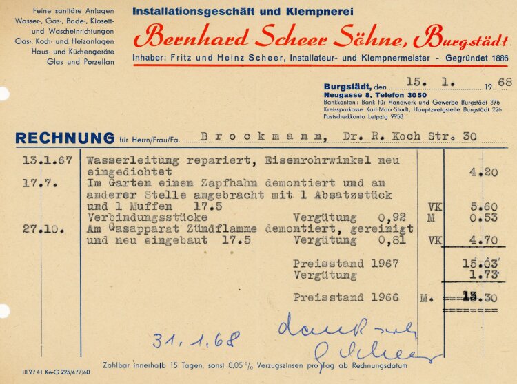 Installationsgeschäft und Klempnerei Bernhard Scheer Söhne, Burgstädt - Rechnung - 15.01.1968