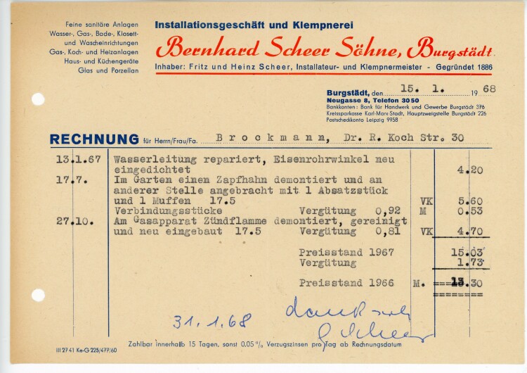 Installationsgeschäft und Klempnerei Bernhard Scheer Söhne, Burgstädt - Rechnung - 15.01.1968