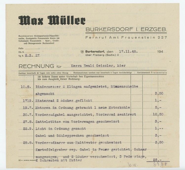 Max Müller - Rechnung - 17.11.1948