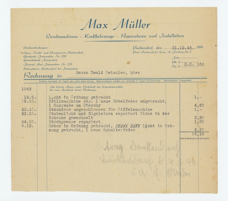 Max Müller - Rechnung - 31.12.1945