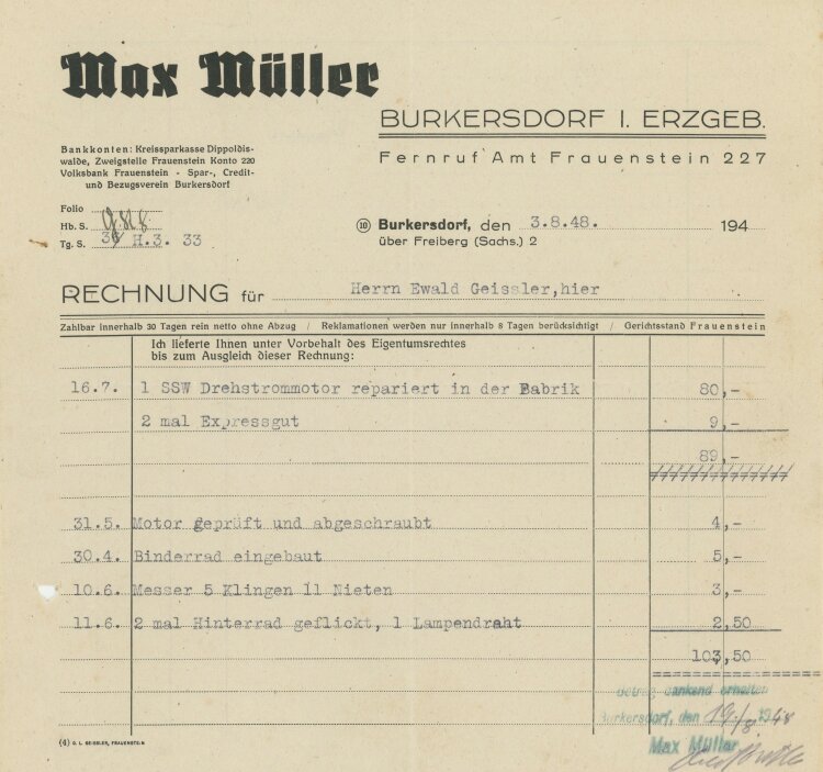 Max Müller - Rechnung - 03.08.1948