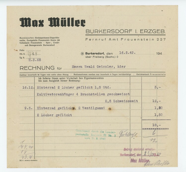 Max Müller - Rechnung - 16.05.1949