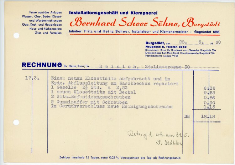 Installationsgeschäft und Klempnerei Bernhard Scheer Söhne, Burgstädt  - Rechnung - 28.05.1960