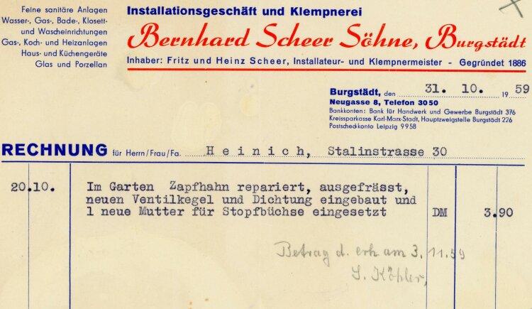 Installationsgeschäft und Klempnerei Bernhard Scheer Söhne, Burgstädt  - Rechnung - 31.10.1959