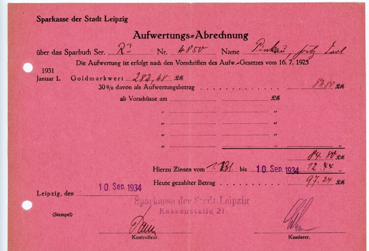 Sparkasse der Stadt Leipzig, Kassenstelle 21 - REchnung - 10.09.1934