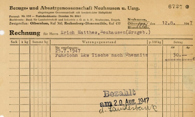 Bezugs- und Absatzgenossenschaft Neuhausen und Umgebung - Rechnung - 12.08.1947