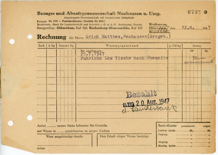 Bezugs- und Absatzgenossenschaft Neuhausen und Umgebung - Rechnung - 12.08.1947