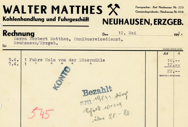 Walter Matthes Kohlenhandlung und Fuhrgeschäft - Rechnung - 12.05.1941
