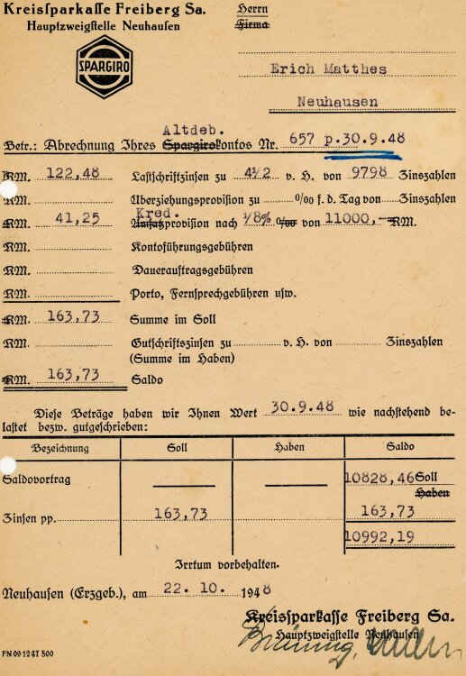 Kreissparkasse Freiberg Sa. Hauptzweigstelle Neuhausen - Rechnung - 22.10.1948