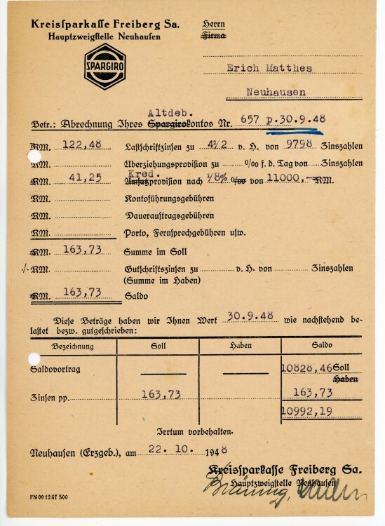 Kreissparkasse Freiberg Sa. Hauptzweigstelle Neuhausen - Rechnung - 22.10.1948